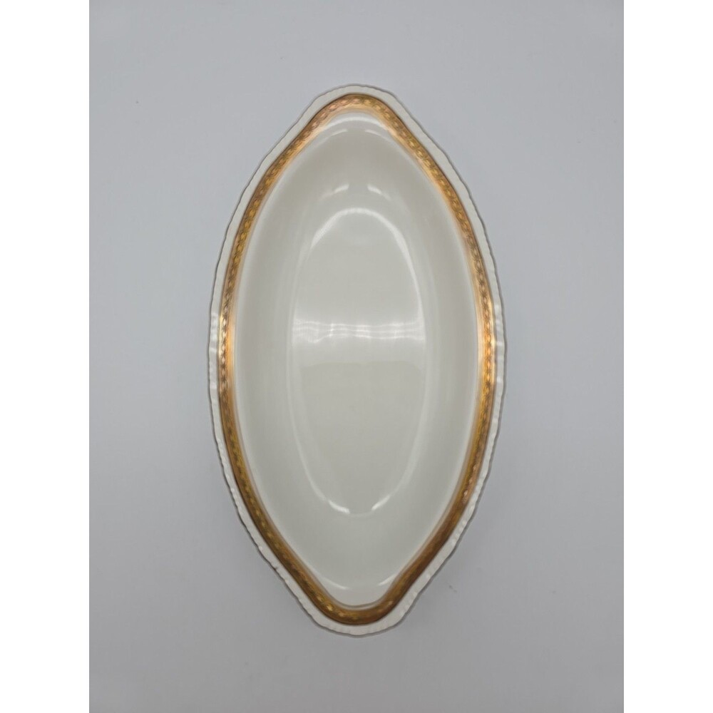 Rorstrand Sweden Small Oblong Porcelain Bowl #522 Gold Ribbon Pattern 9.5" x 5"